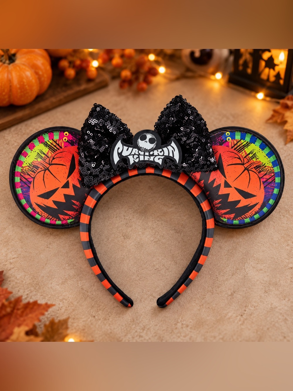 Disney Nightmare Before Christmas Pumpkin King Minnie Ear Headband w/ Sequin Bow